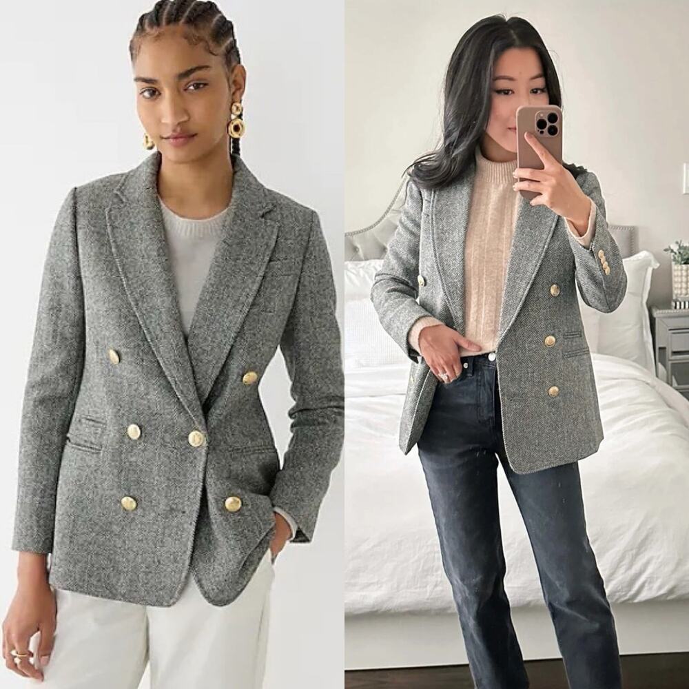 J. Crew Women's Gray Double-Breasted Wool Blend Blazer with Gold Buttons